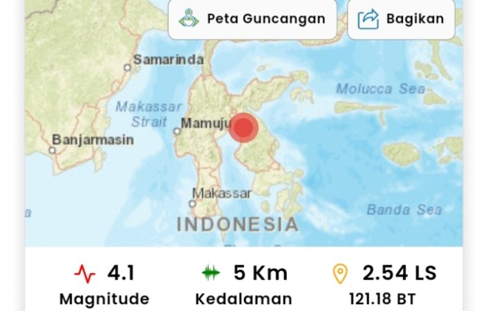 Gempa Bumi Berkekuatan Magnitudo 4.1 Guncang Luwu Timur Tidak Ada Laporan Kerusakan