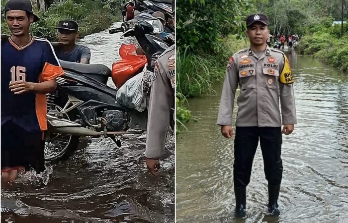 Bhabinkamtibmas Polsek Dedai Bantu Pengendara di Area Banjir Desa Lundang Baru