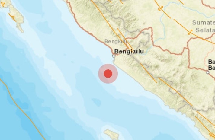 Peta lokasi pusat gempa magnitudo 6,3 di barat daya Bengkulu berdasarkan data BMKG.