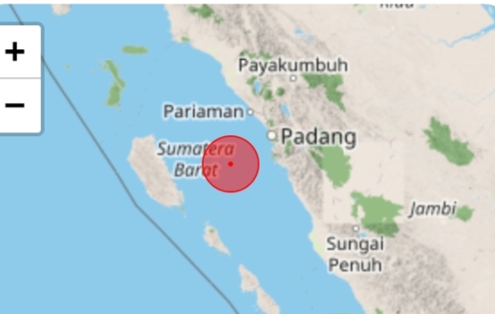Peta lokasi gempa bumi di lepas pantai Sumatera Barat dekat Padang.