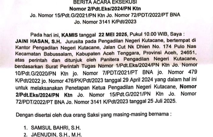 Eksekusi Lahan di Aceh Tenggara Sesuai Aturan, Lsm Penjara Apresiasi Ketua Pengadilan dan Kapolres AKBP Yulhendri