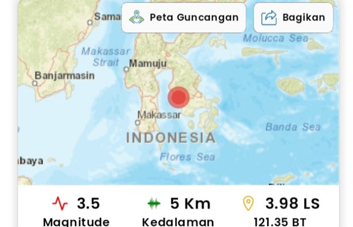 Breaking News, Gempa Magnitudo 3,5 Guncang Kolaka, Pusat di Darat 1 Km Barat Daya Samaturu