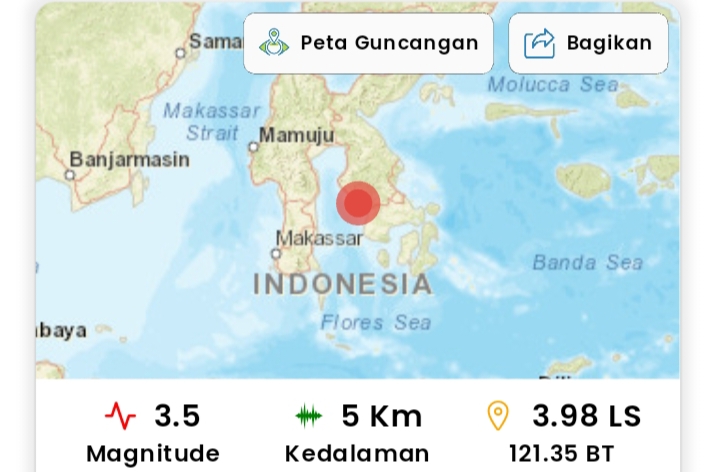 Peta lokasi gempa bumi di darat dekat Kolaka, Sulawesi Tenggara, dari aplikasi BMKG.