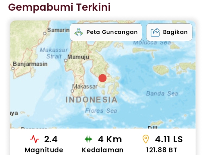 Peta lokasi gempa bumi magnitudo 2.4 di wilayah Sulawesi Selatan dengan kedalaman 4 km.