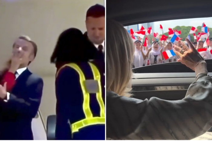 Foto kolase Brigitte Macron, sisi kiri menunjukkan ia tampak tidak senang dengan Presiden Macron di sampingnya di luar pesawat, sisi kanan menunjukkan ia melambaikan tangan dengan riang dari mobil kepada anak-anak dengan bendera Indonesia dan Prancis