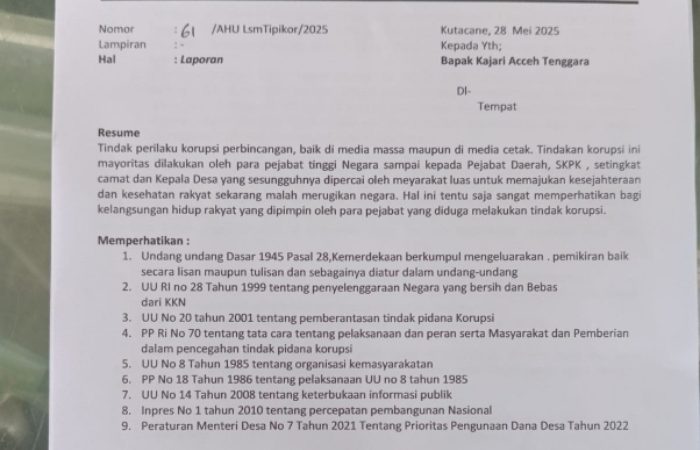 LSM Tipikor Laporkan DD Desa Kute Lawe Penanggalan Ketambe Aceh Tenggara, Minta Jaksa Lidik