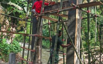 Percepat Pembangunan Jembatan Gantung Perintis Garuda, Babinsa Bantu Pengerjaan Jembatan